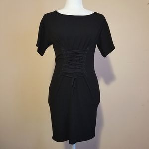 Black Laced Front Ribbed Dress